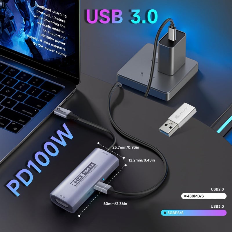 Guermok 4K USB3.0 Video Capture Card with PD 100W, 2K@30FPS or 1080P@60FPS HDMI to USB-A/C Capture Card for Streaming, Works with iPad Quest 3, MacOS, Switch2/1 PS5/4, Xbox, Camera, Silver - Image 3